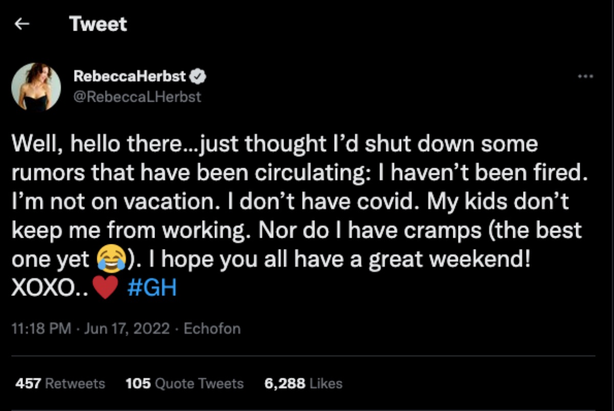 Rebecca Herbst Says She Didn’t Get Fired From General Hospital