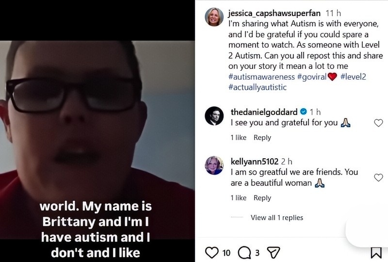 Autism awareness post where Daniel commented - @jessica_capshawsuperfan - Instagram
