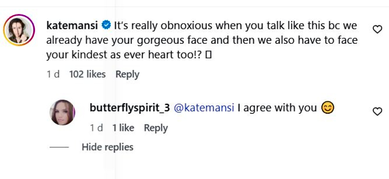 Kate's second comment - @joshswickard - Instragram